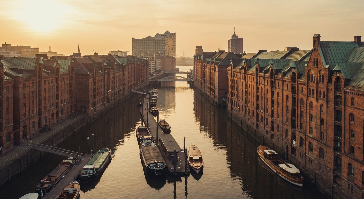Hamburger Speicherstadt im warmen Licht – Standort der FounderMedia Webdesign-Agentur